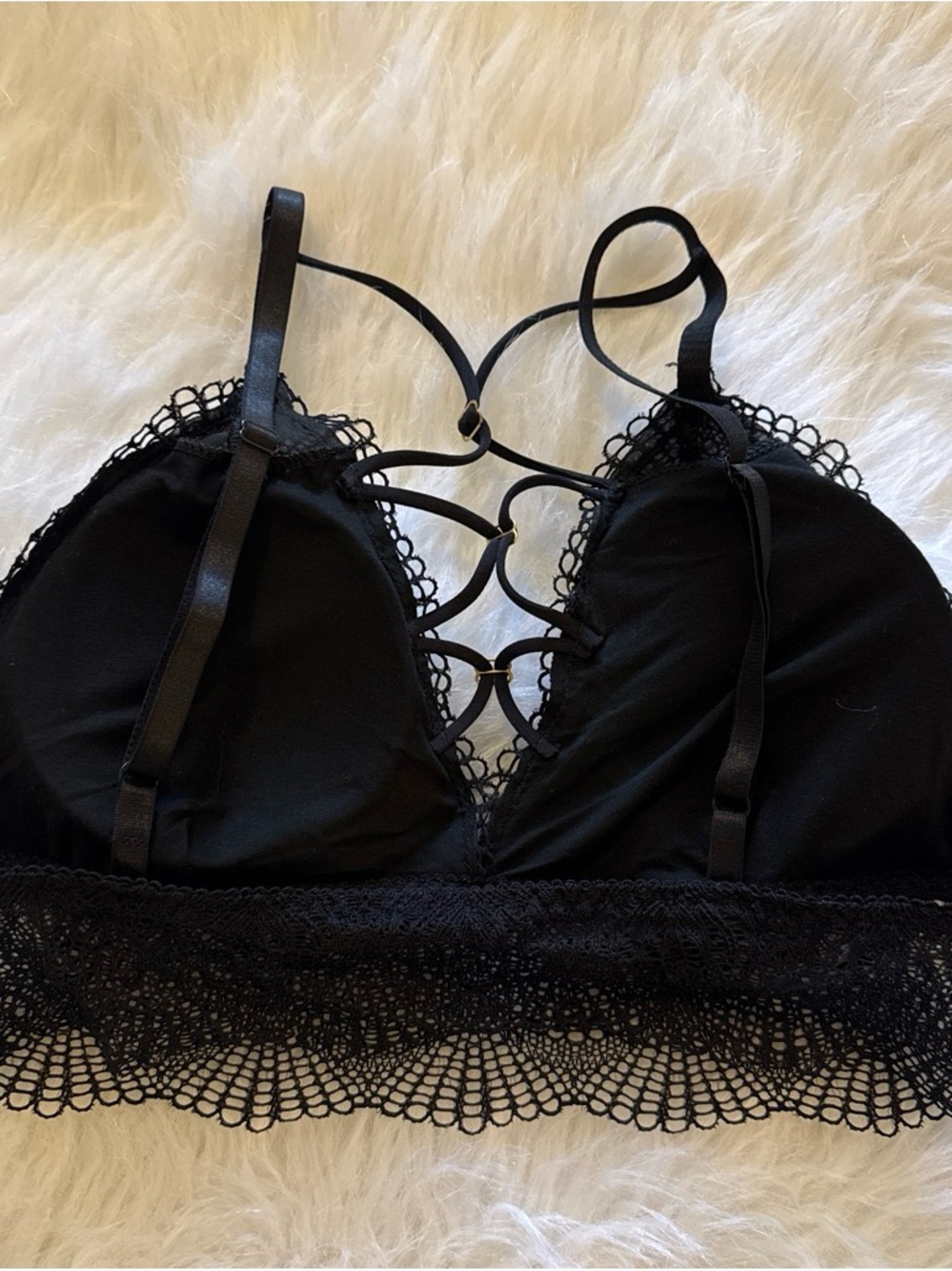 Black Lace Strappy Bralette with Decorative Rings - Women's Intimates